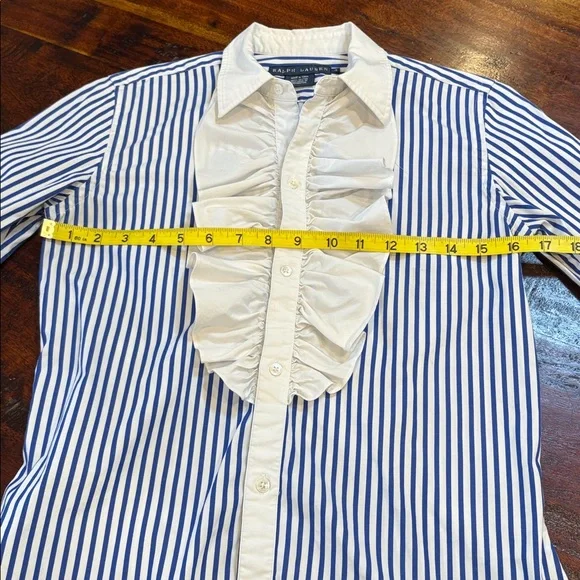 Ralph Lauren Vintage Blue and White Striped Button Up Ruffle Blouse size 4 - Picture 11 of 12